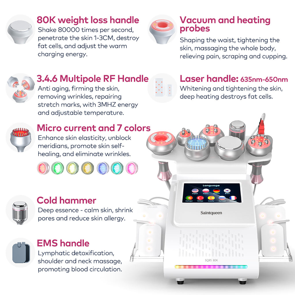 SQ85D Plus 9-en-1 – Cavitation 80K, RF, plaques laser, EMS et marteau froid