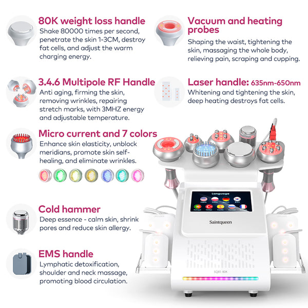 SQ85D Plus 9-en-1 – Cavitation 80K, RF, plaques laser, EMS et marteau froid