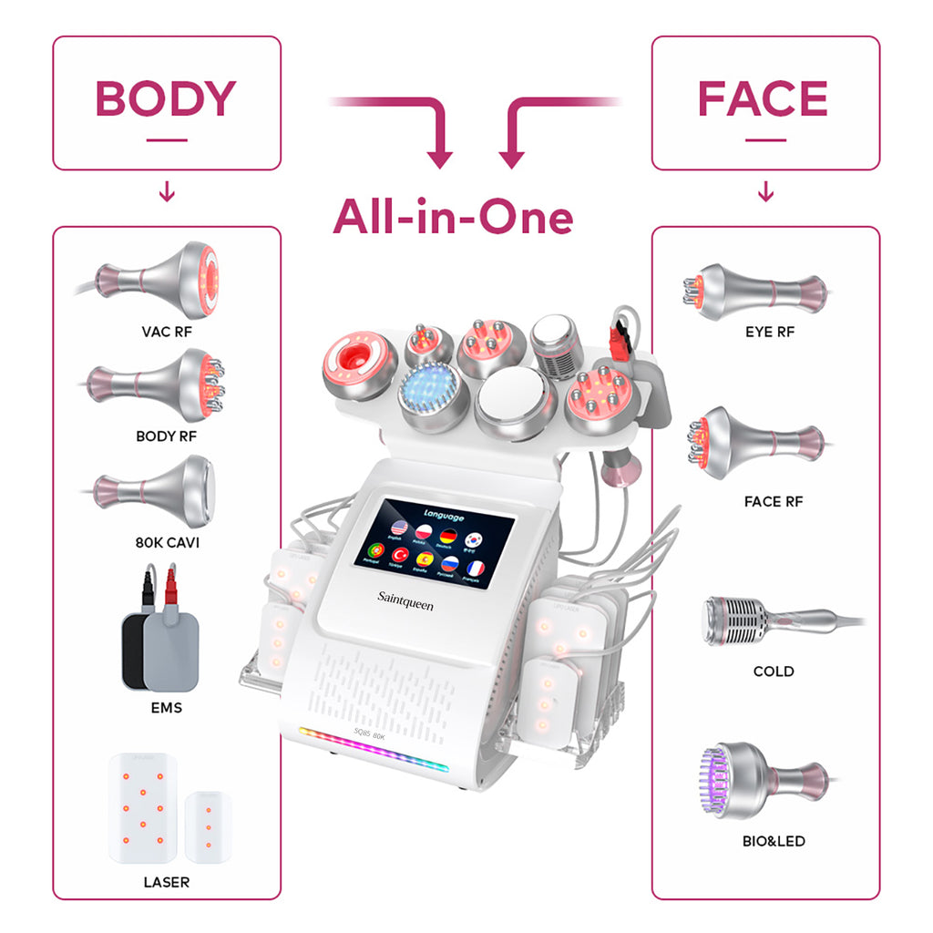 SQ85D Plus 9-en-1 – Cavitation 80K, RF, plaques laser, EMS et marteau froid
