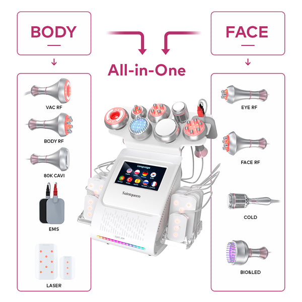 SQ85D Plus 9-en-1 – Cavitation 80K, RF, plaques laser, EMS et marteau froid