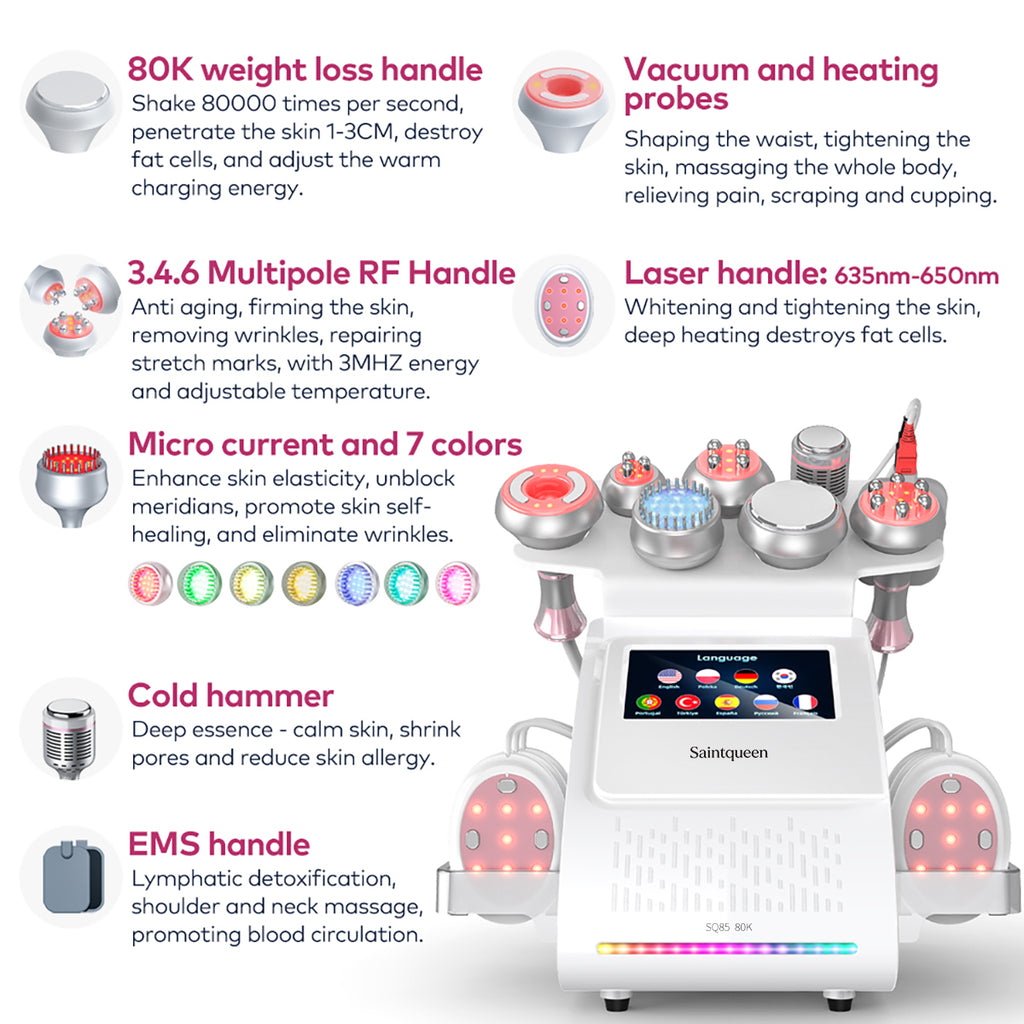 SQ85E Plus 9-en-1 – Cavitation 80K, RF, plaques combinées, EMS et marteau froid