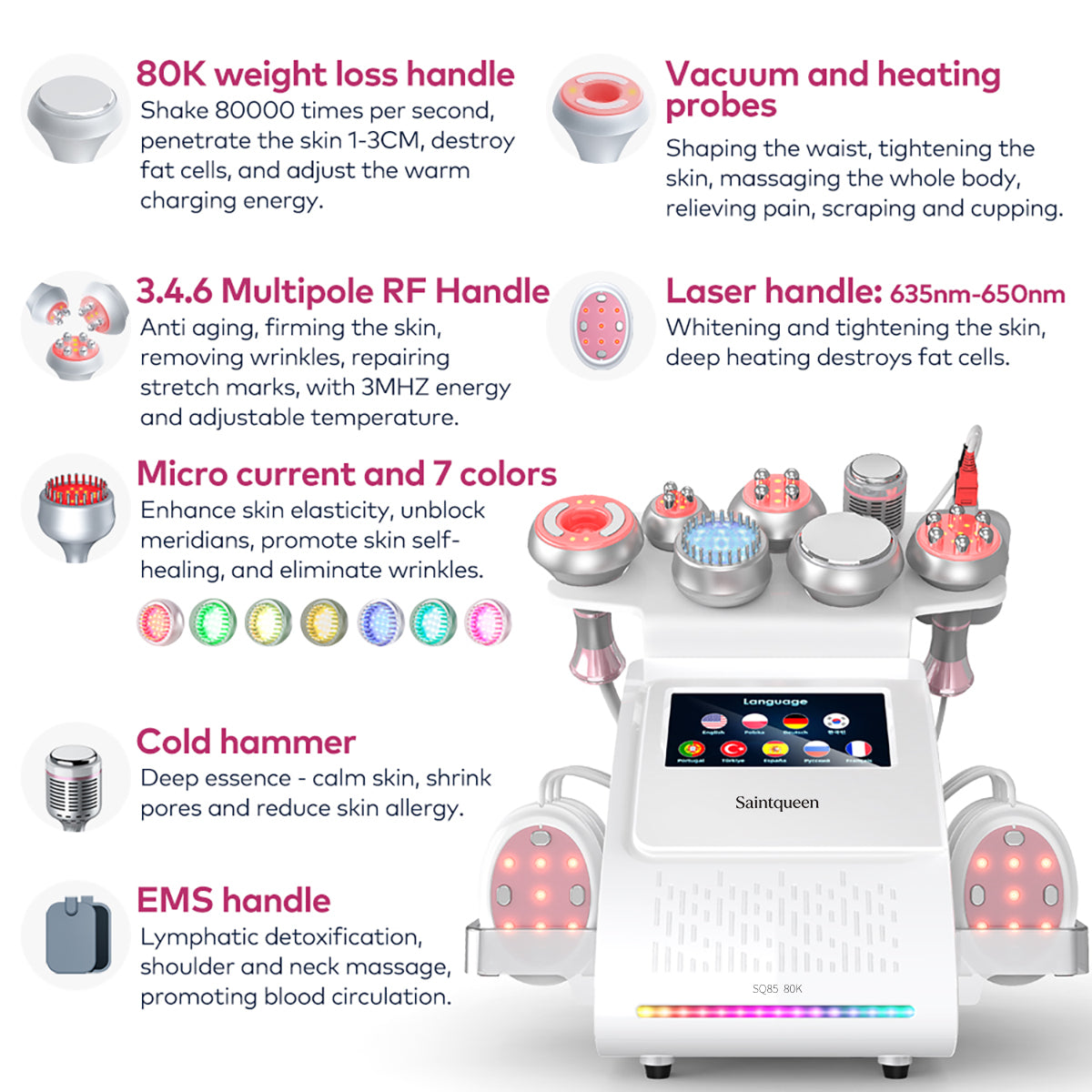 SQ85E Plus 9-en-1 – Cavitation 80K, RF, plaques combinées, EMS et marteau froid