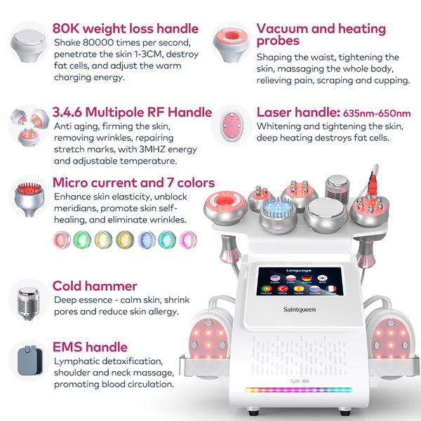 SQ85E Plus 9-en-1 – Cavitation 80K, RF, plaques combinées, EMS et marteau froid