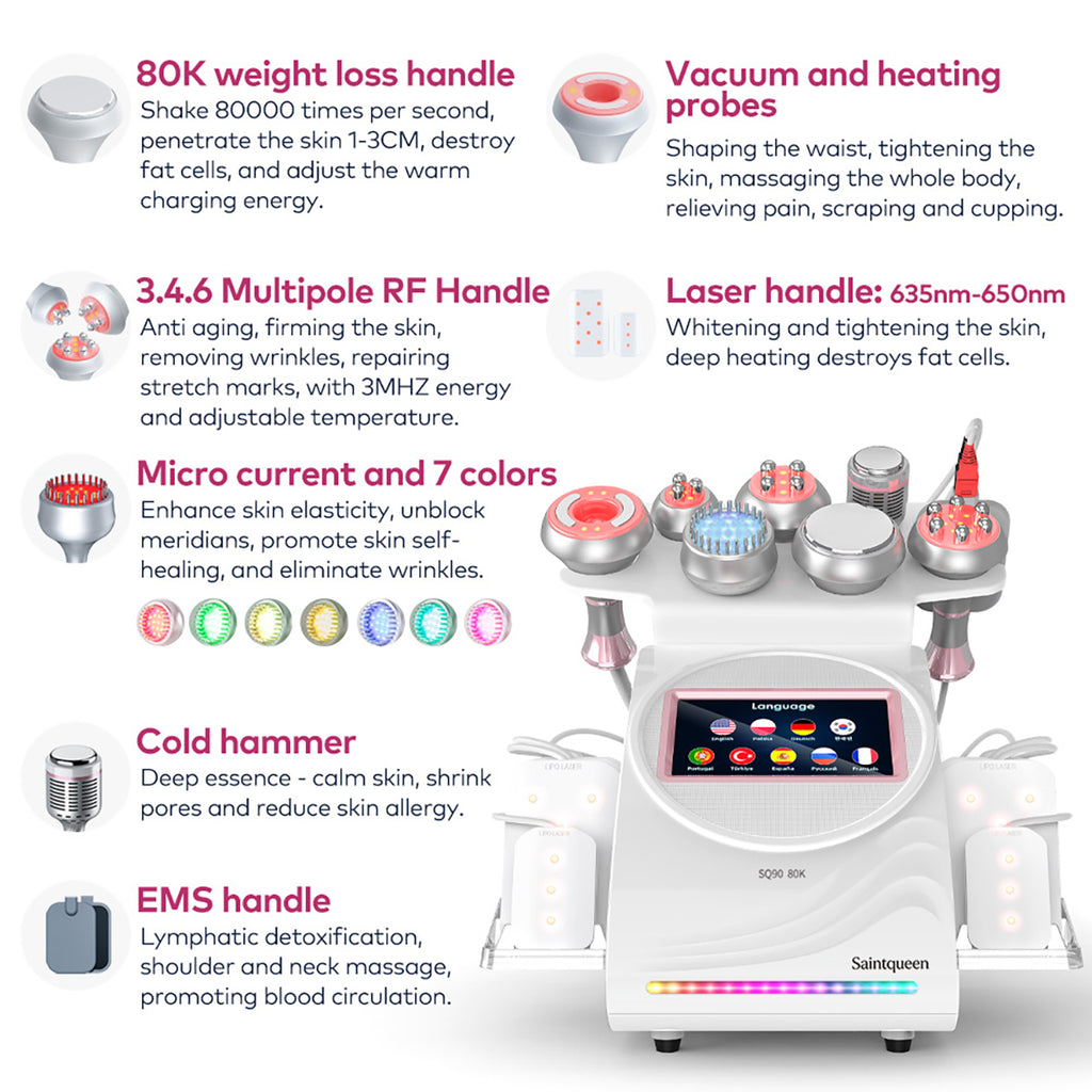 SQ90D Plus 9-en-1 – Cavitation 80K, RF, plaques laser, EMS et marteau froid