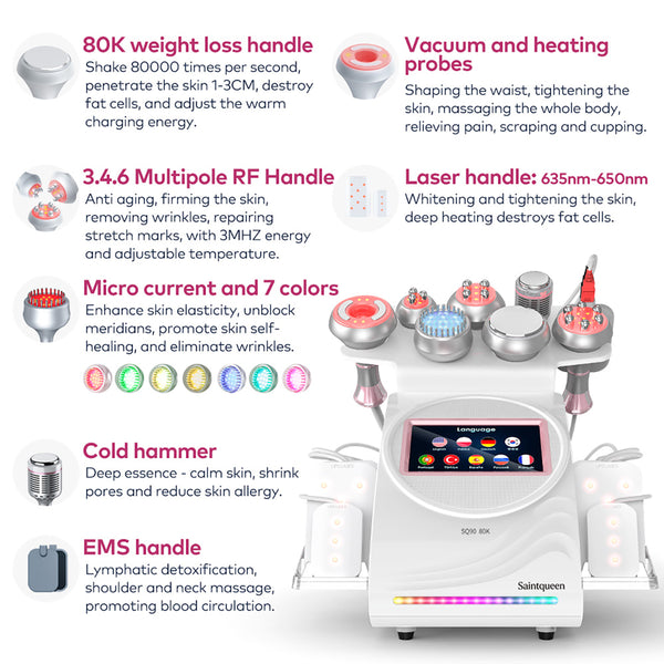 SQ90D Plus 9-en-1 – Cavitation 80K, RF, plaques laser, EMS et marteau froid