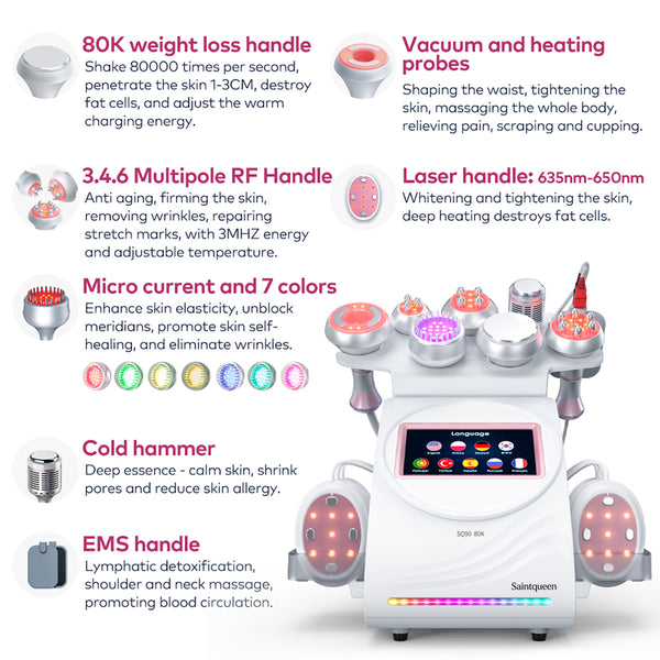 SQ90E Plus 9-en-1 – Cavitation 80K, RF, plaques combinées, EMS et marteau froid