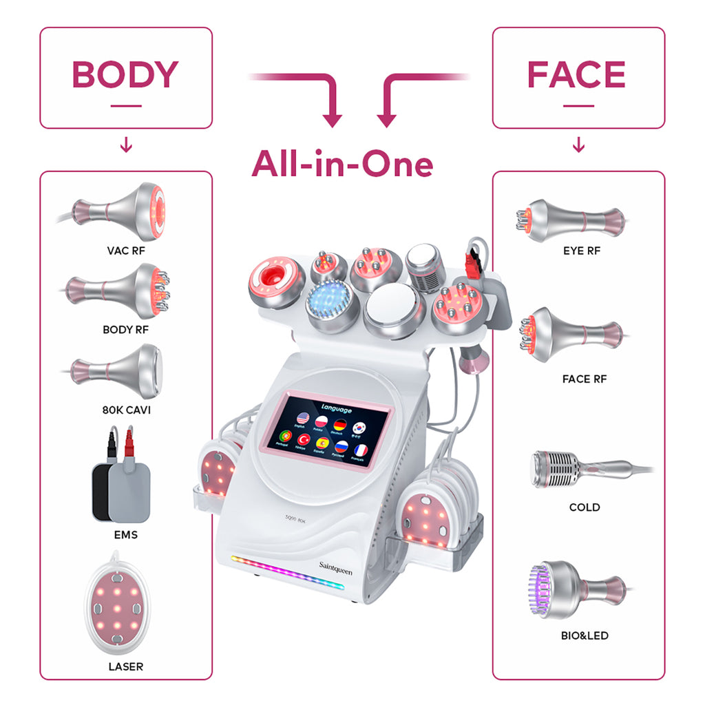 SQ90E Plus 9-en-1 – Cavitation 80K, RF, plaques combinées, EMS et marteau froid