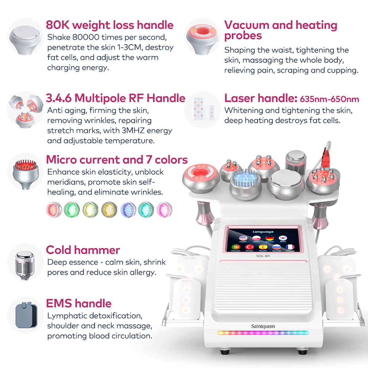 SQ92D Plus 9-en-1 – Cavitation 80K, RF, plaques laser, EMS et marteau froid Image secondaire du produit