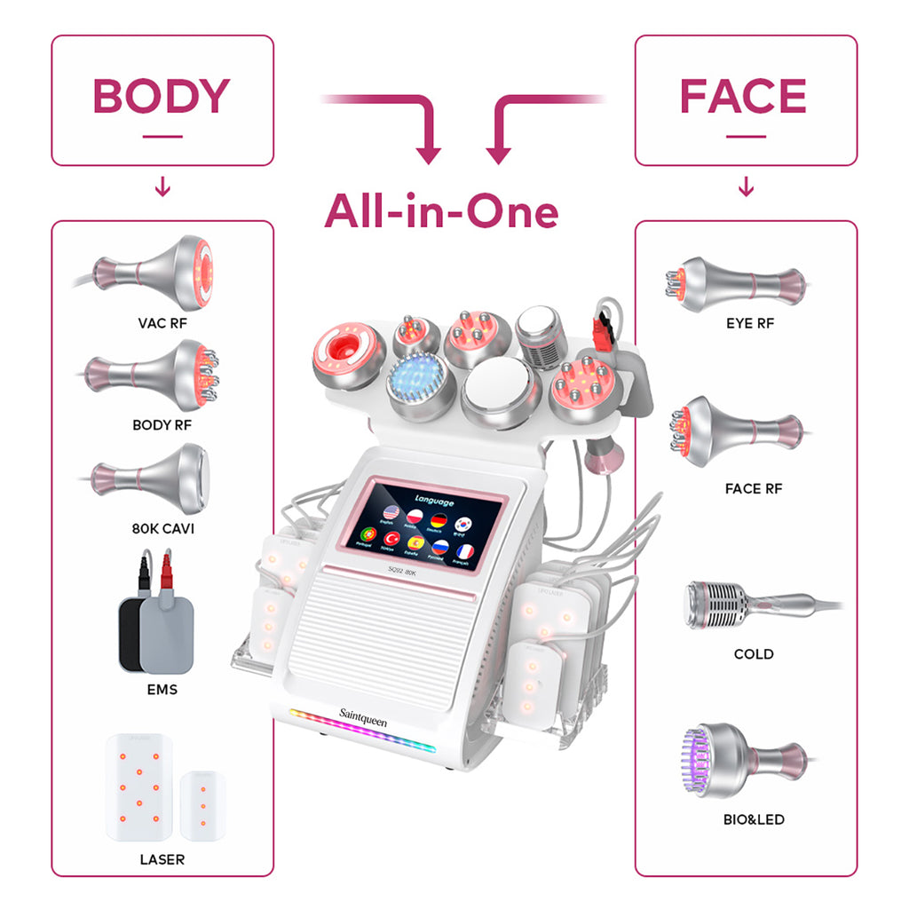 SQ92D Plus 9-en-1 – Cavitation 80K, RF, plaques laser, EMS et marteau froid