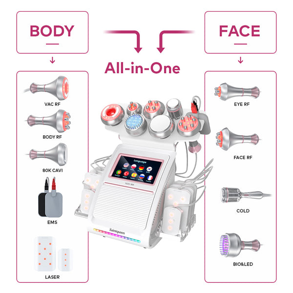 SQ92D Plus 9-en-1 – Cavitation 80K, RF, plaques laser, EMS et marteau froid