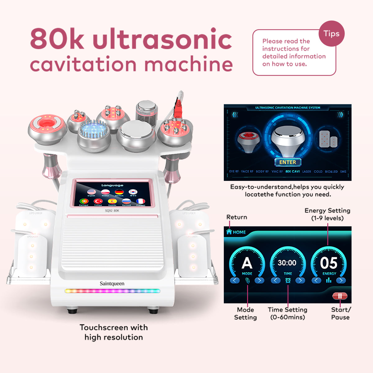 SQ92D Plus 9-en-1 – Cavitation 80K, RF, plaques laser, EMS et marteau froid