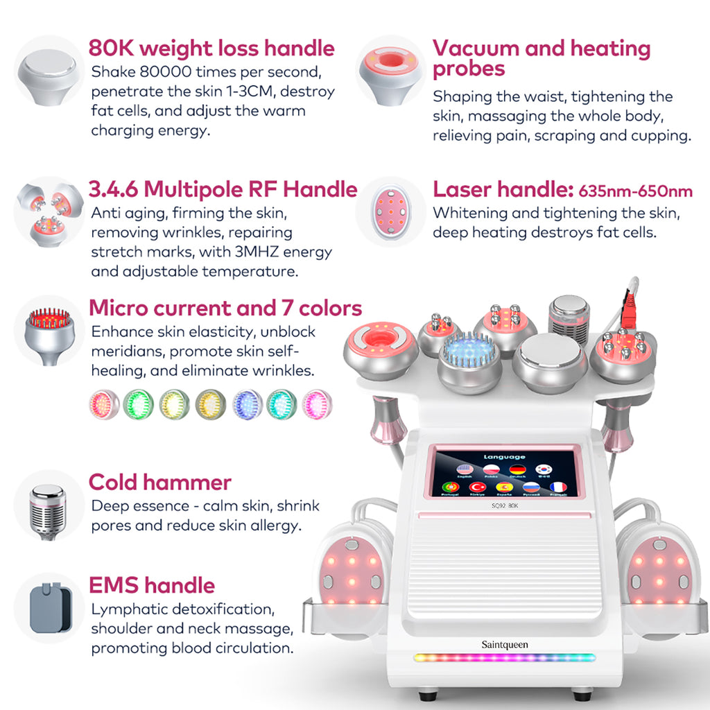 SQ92E Plus 9-en-1 – Cavitation 80K, RF, plaques combinées, EMS et marteau froid