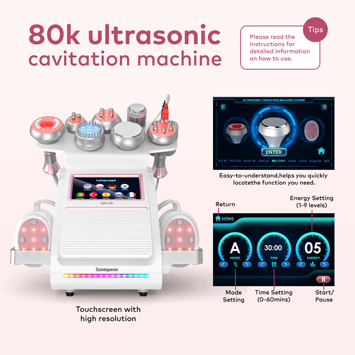 SQ92E Plus 9-en-1 – Cavitation 80K, RF, plaques combinées, EMS et marteau froid