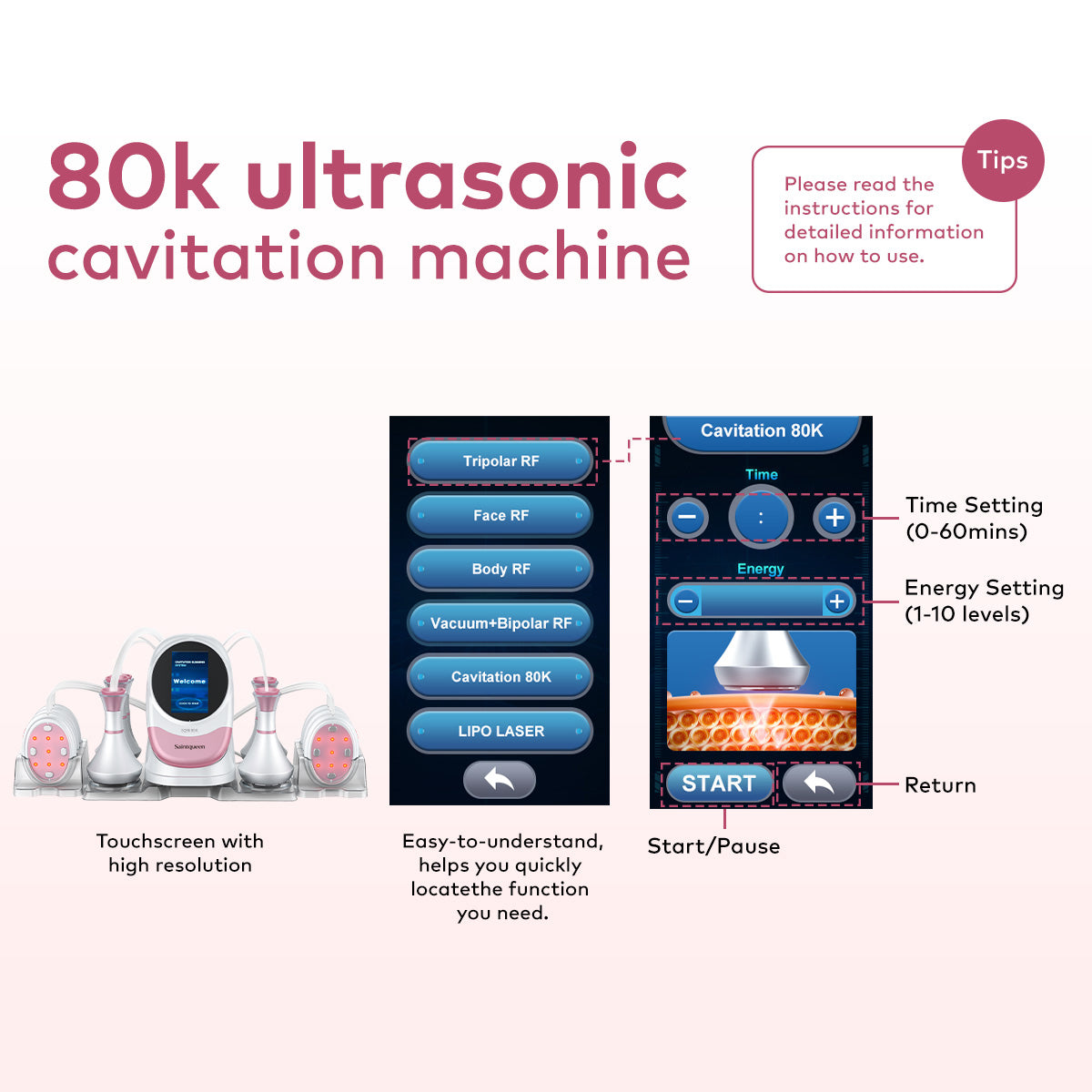 SQ96 Pro Appareil de cavitation 80K 6-en-1 avec plaques laser ovales