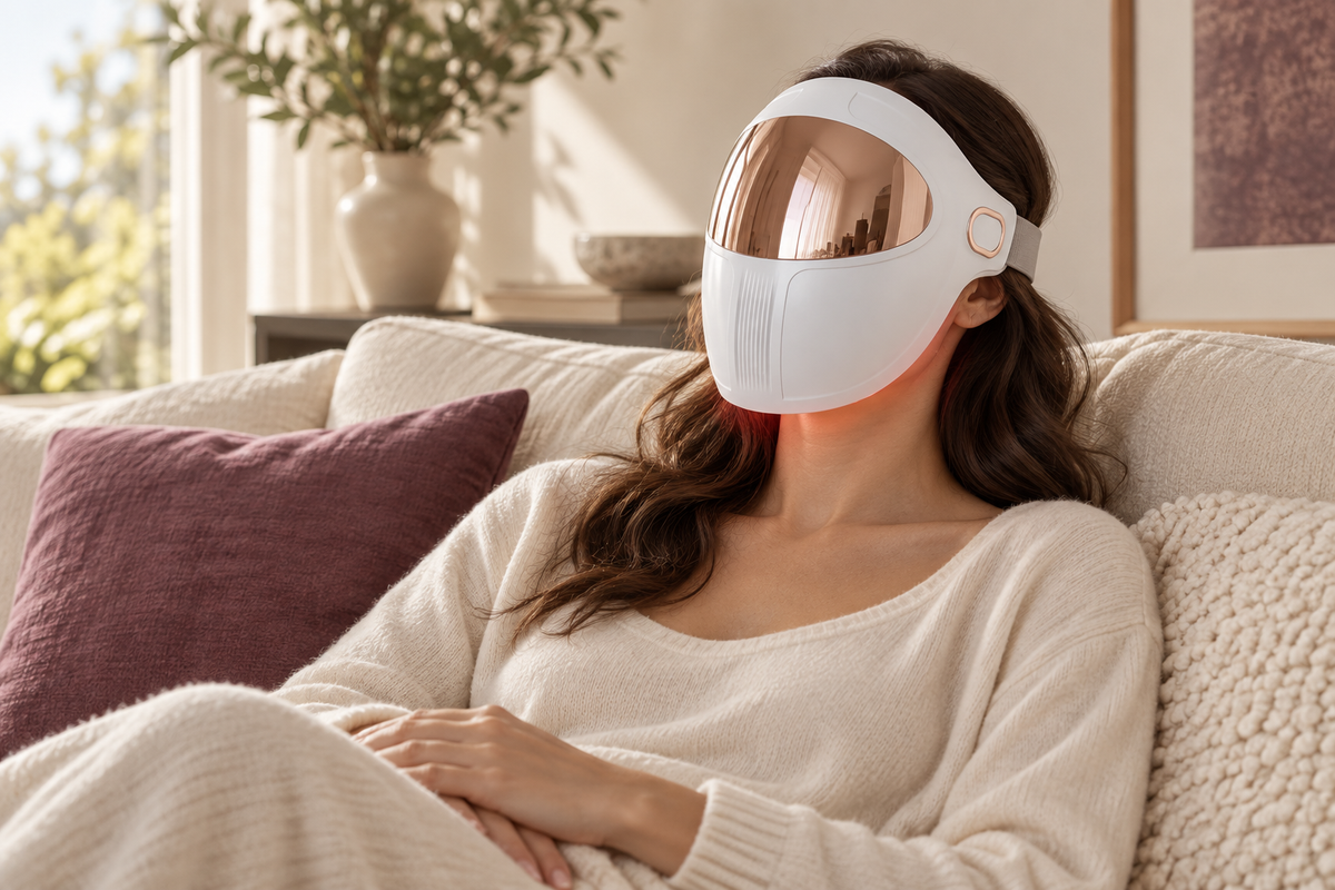 Woman resting at home wearing the SQ135 LED face mask